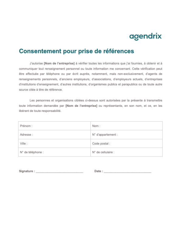 Formulaire de consentement pour prise de références
