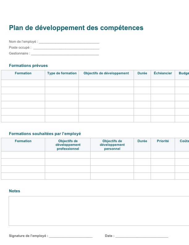 Plan de développement des compétences d'employé dans un document Word