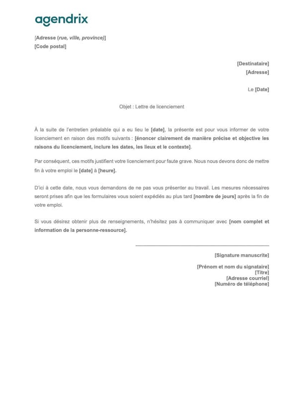 Modèle de lettre de licenciement pour faute grave à télécharger