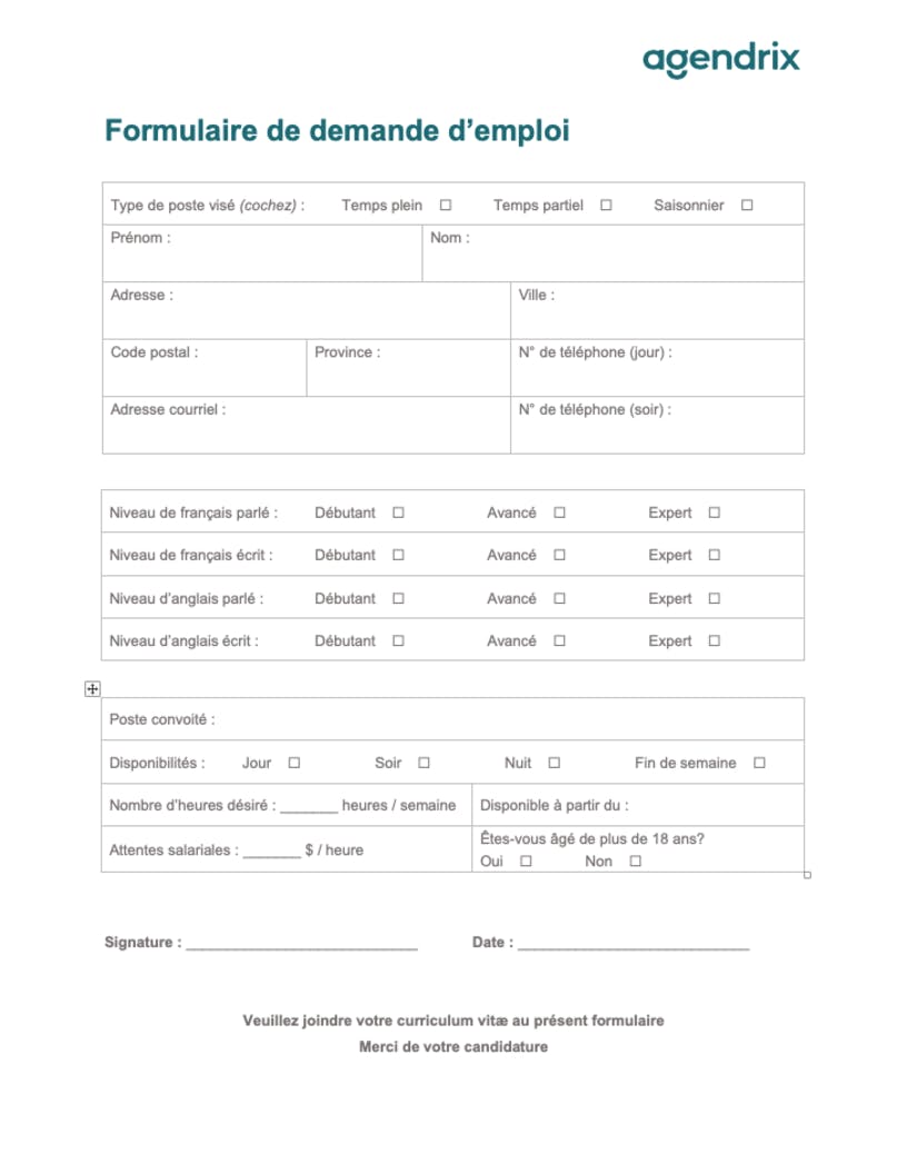 Formulaire de demande d'emploi Word gratuit à télécharger  Agendrix