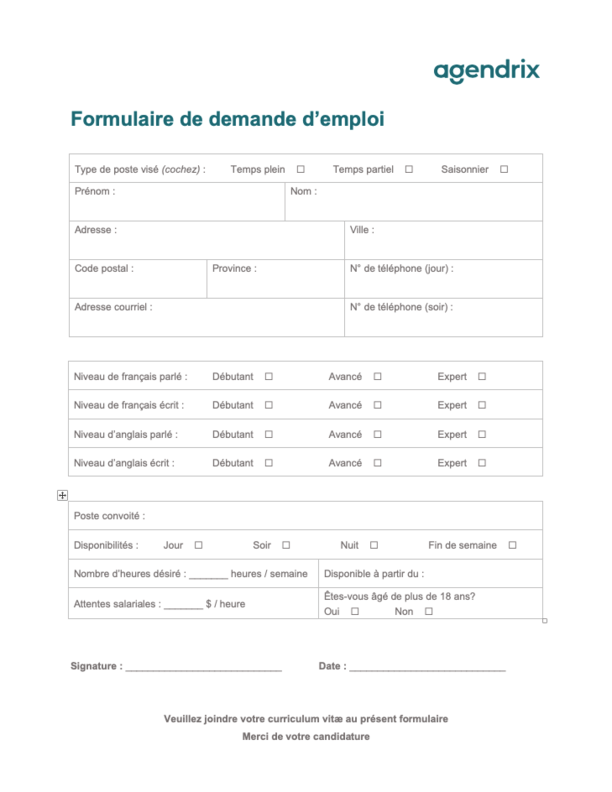 Formulaire de demande d'emploi Word