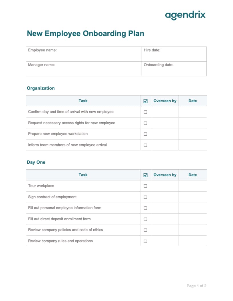 Download Free New Employee Onboarding Plan Template Agendrix