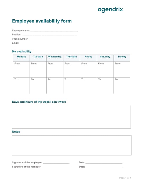 employee availability form on a Word document
