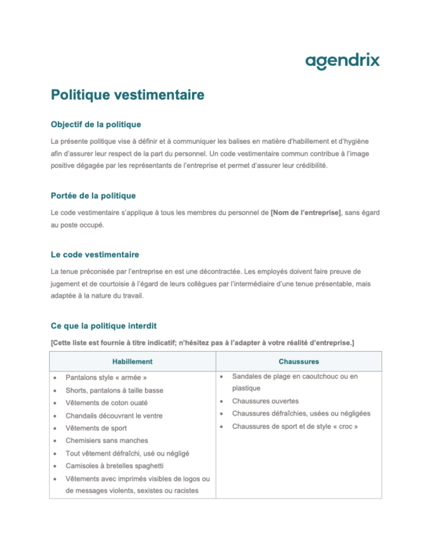 Modèle de politique vestimentaire au travail