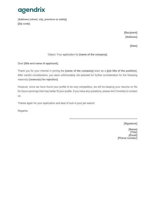 Sample Applicant Rejection Letter
