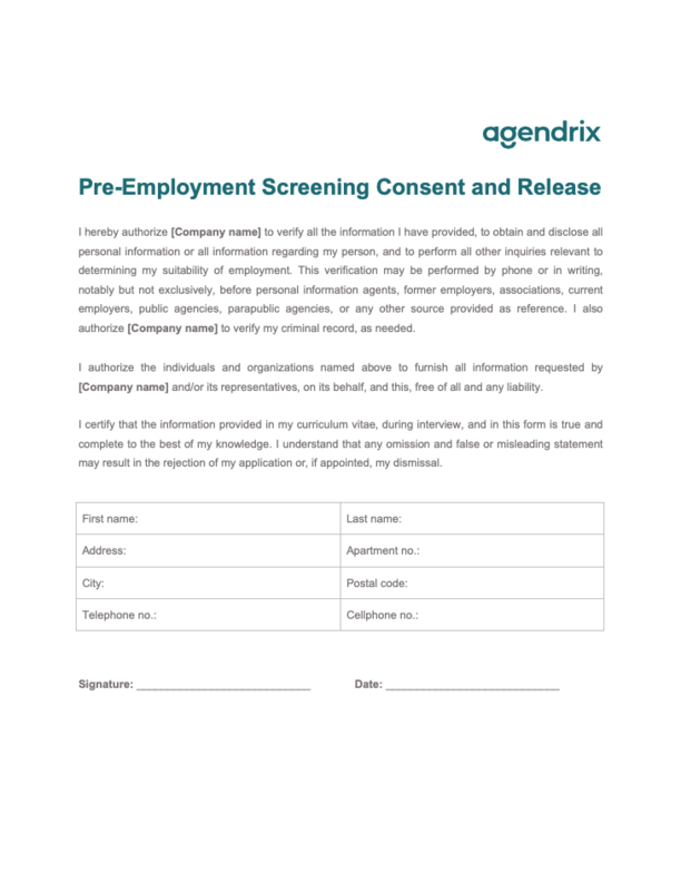 Pre-Employment Screening Consent Form Template