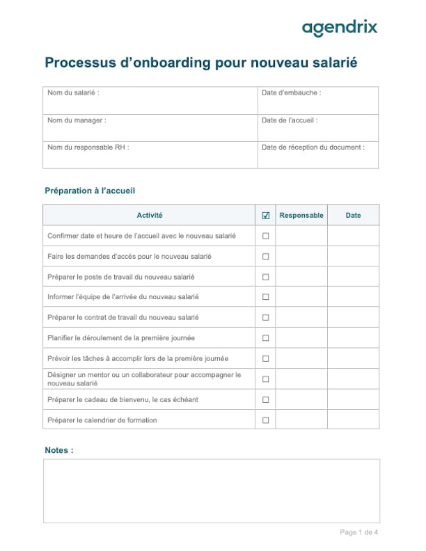 Document Word avec processus d'onboarding de nouveau salarié