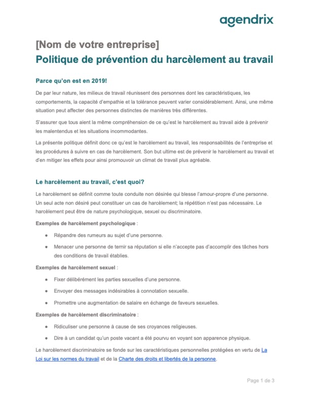 Modèle de politique de prévention du harcèlement au travail