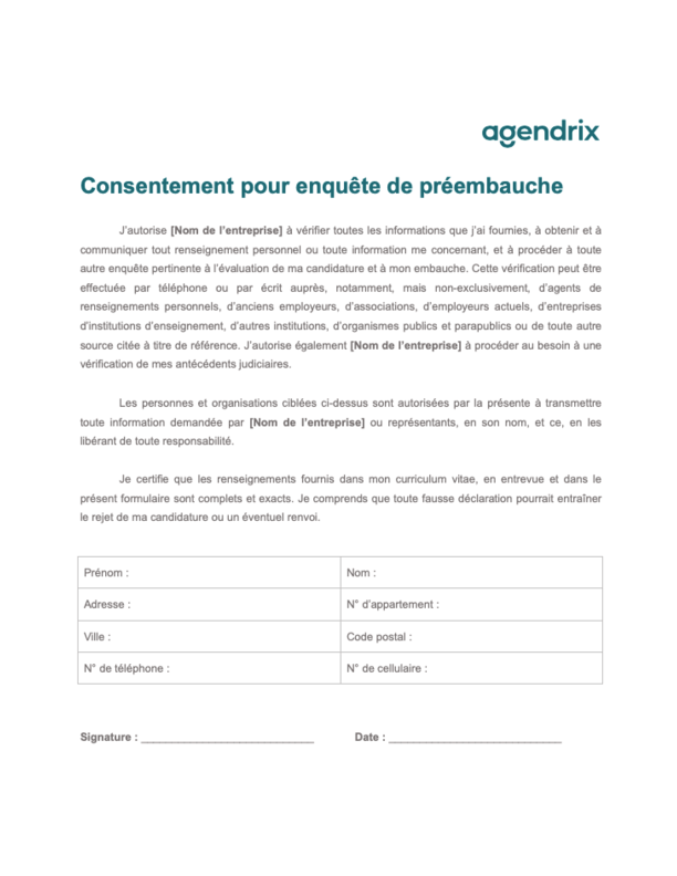 Formulaire de consentement pour enquête de préembauche