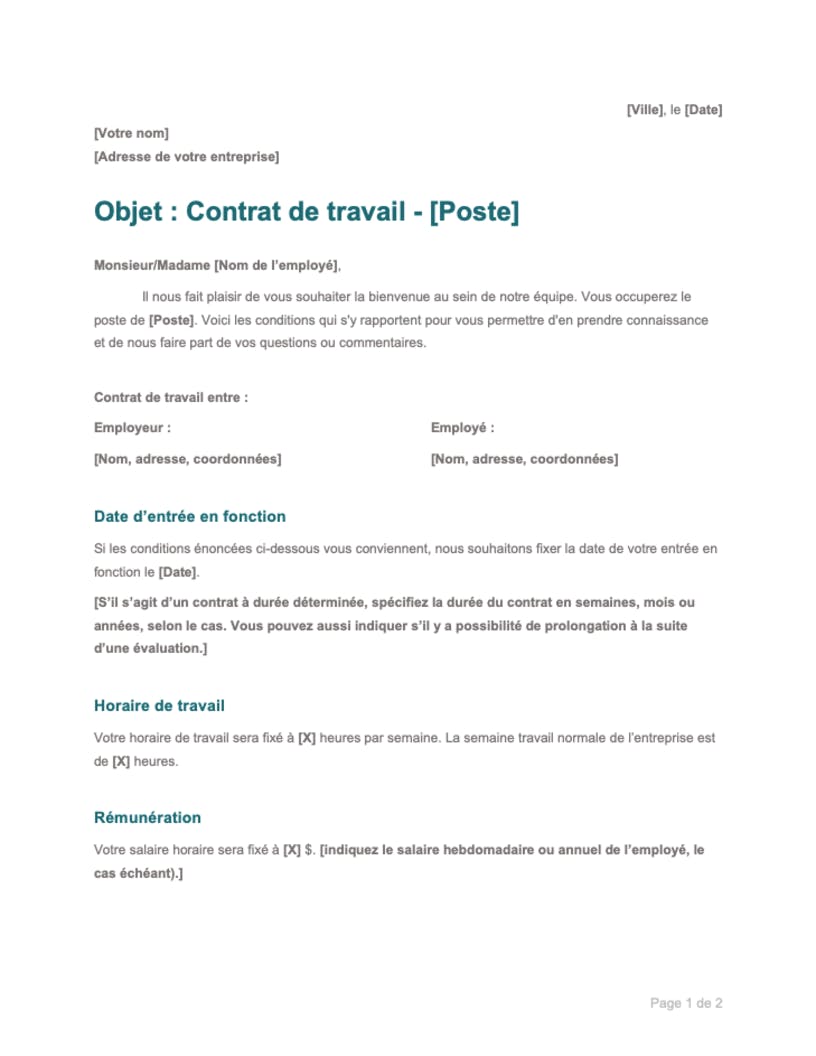 Modèle de contrat de travail gratuit à télécharger  Agendrix