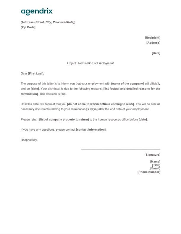 Termination letter template