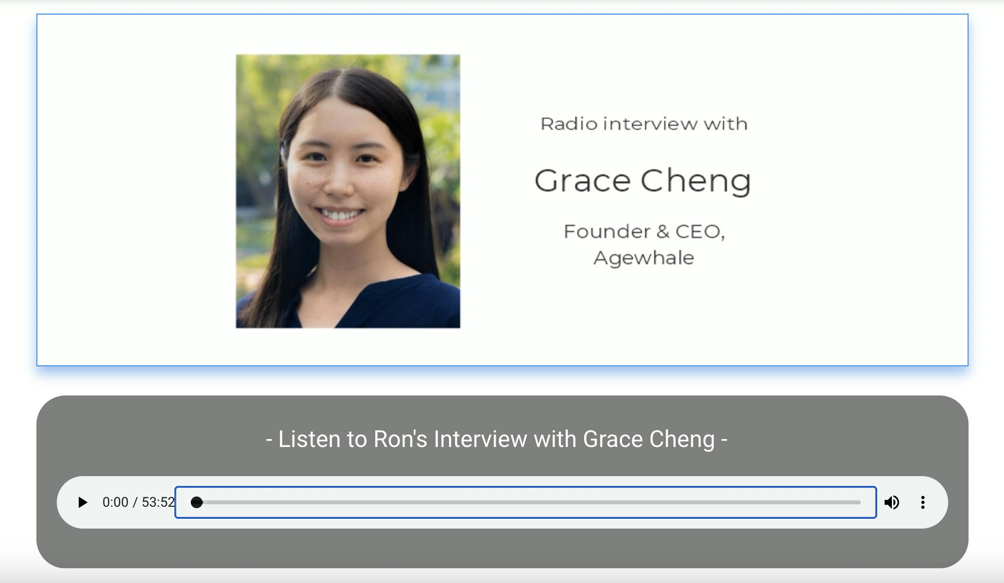 Agewhale's founder, Grace Cheng's radio interview with Voice America.