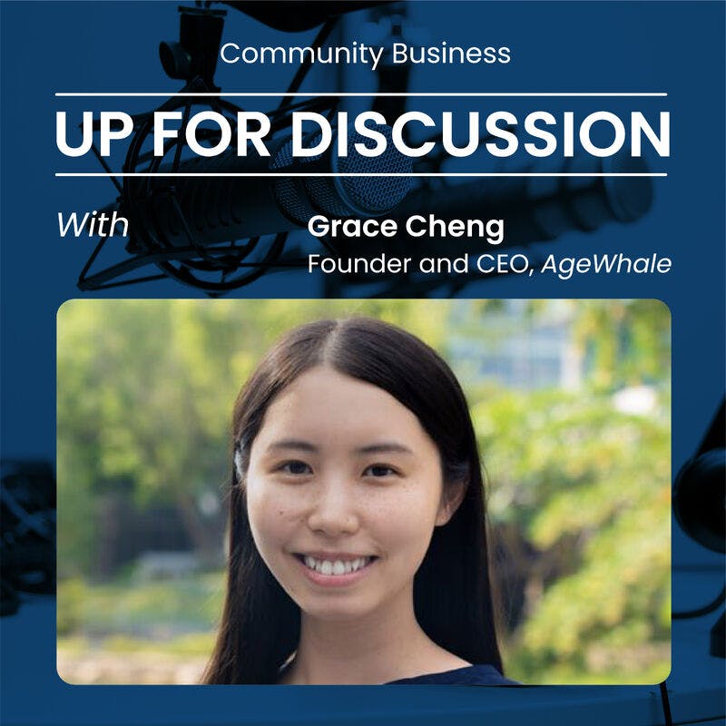 Agewhale's founder, Grace Cheng, being interviewed at Community Business's program, "CB Up for Discussion"