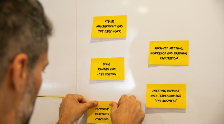 Typical scrum board with post-it notes representing tasks
