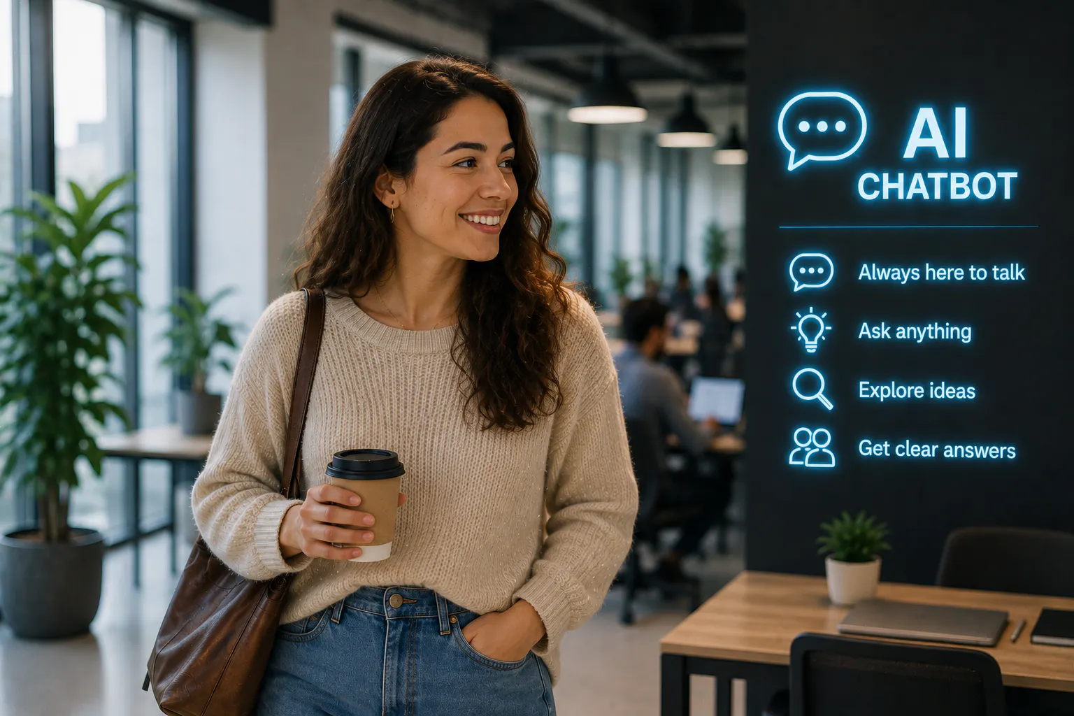 AI girl in an office holding a cup of coffee