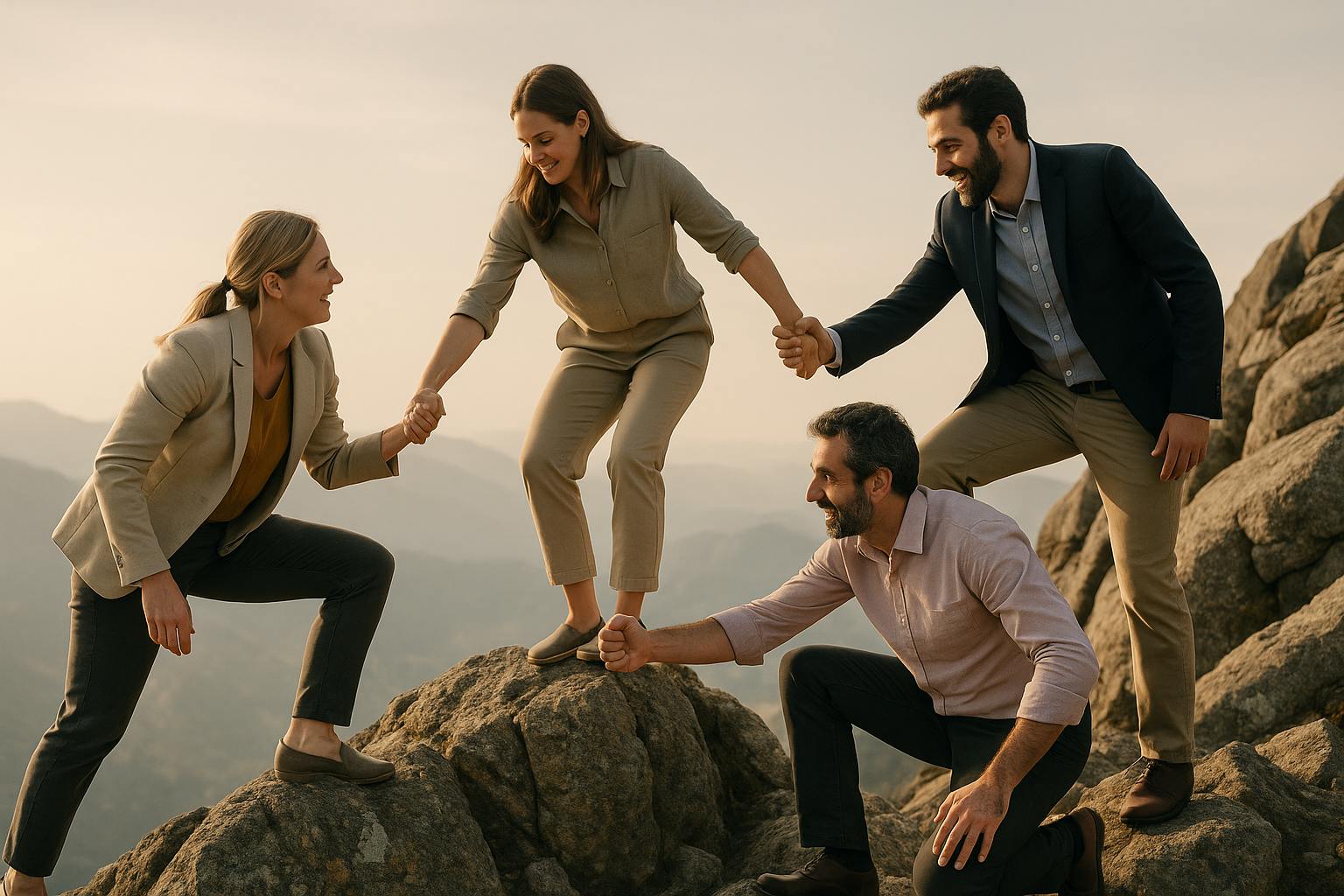 Colleagues helping eachother climb a mountain