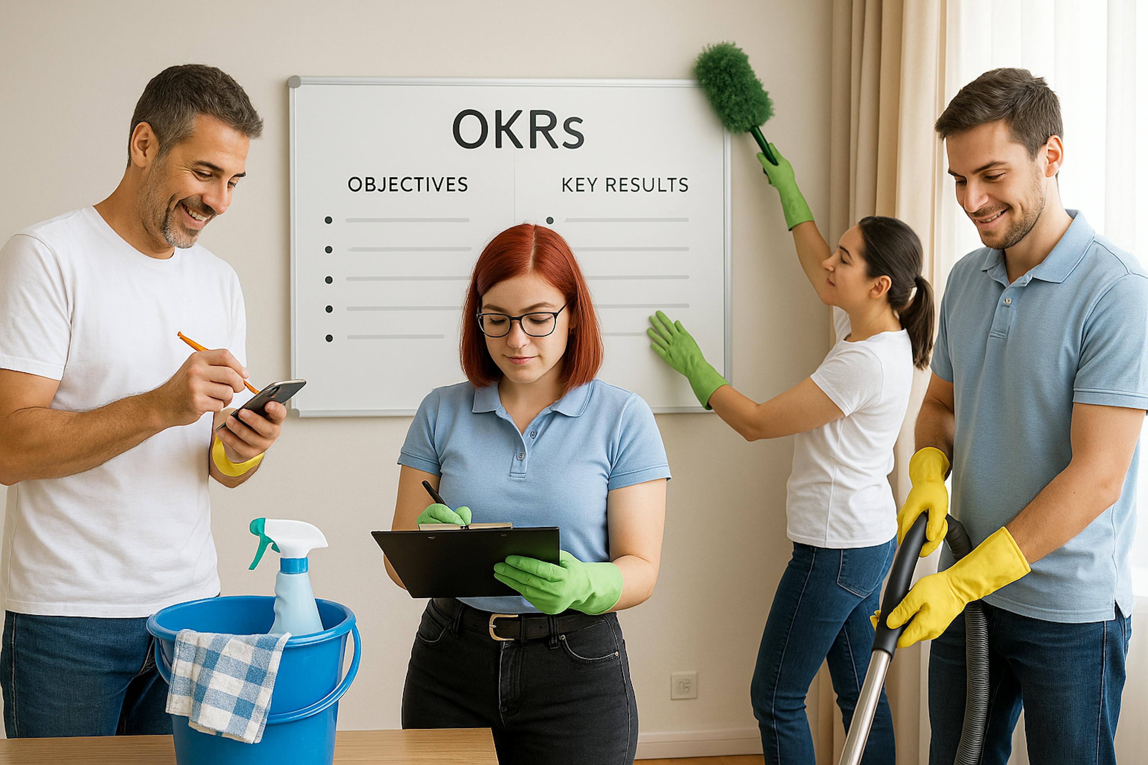 A team cleaning the work space with clear okrs