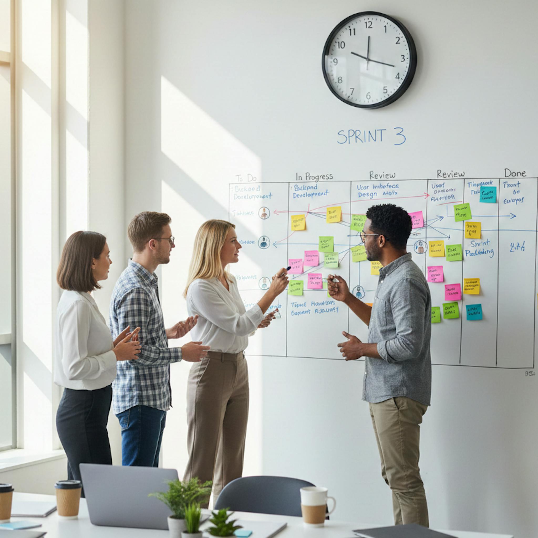 equipo parado frente a un board de kanban definiendo rediseño de organización 