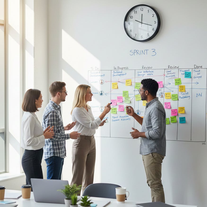 equipo parado frente a un board de kanban definiendo rediseño de organización