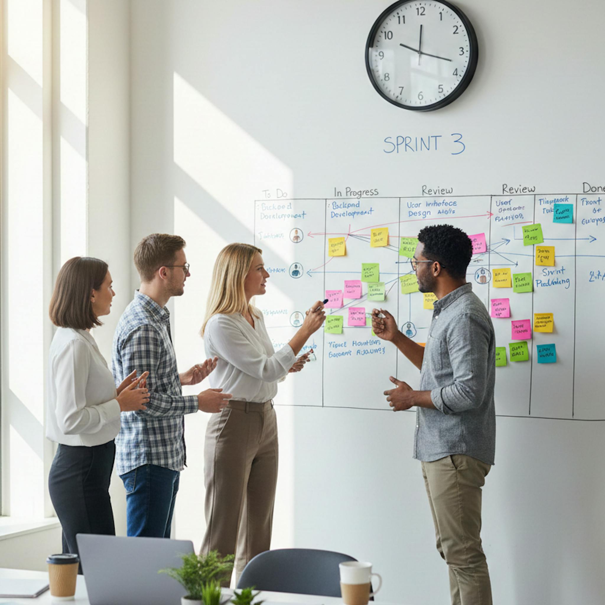 people standing in front of kanban board working on organizational design