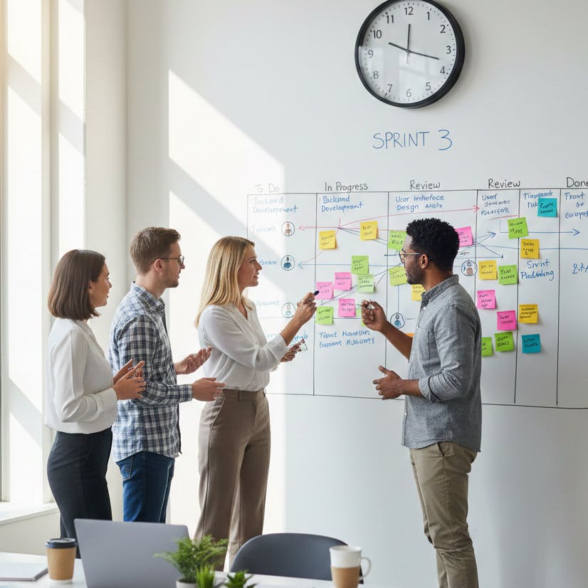 people standing in front of kanban board working on organizational design