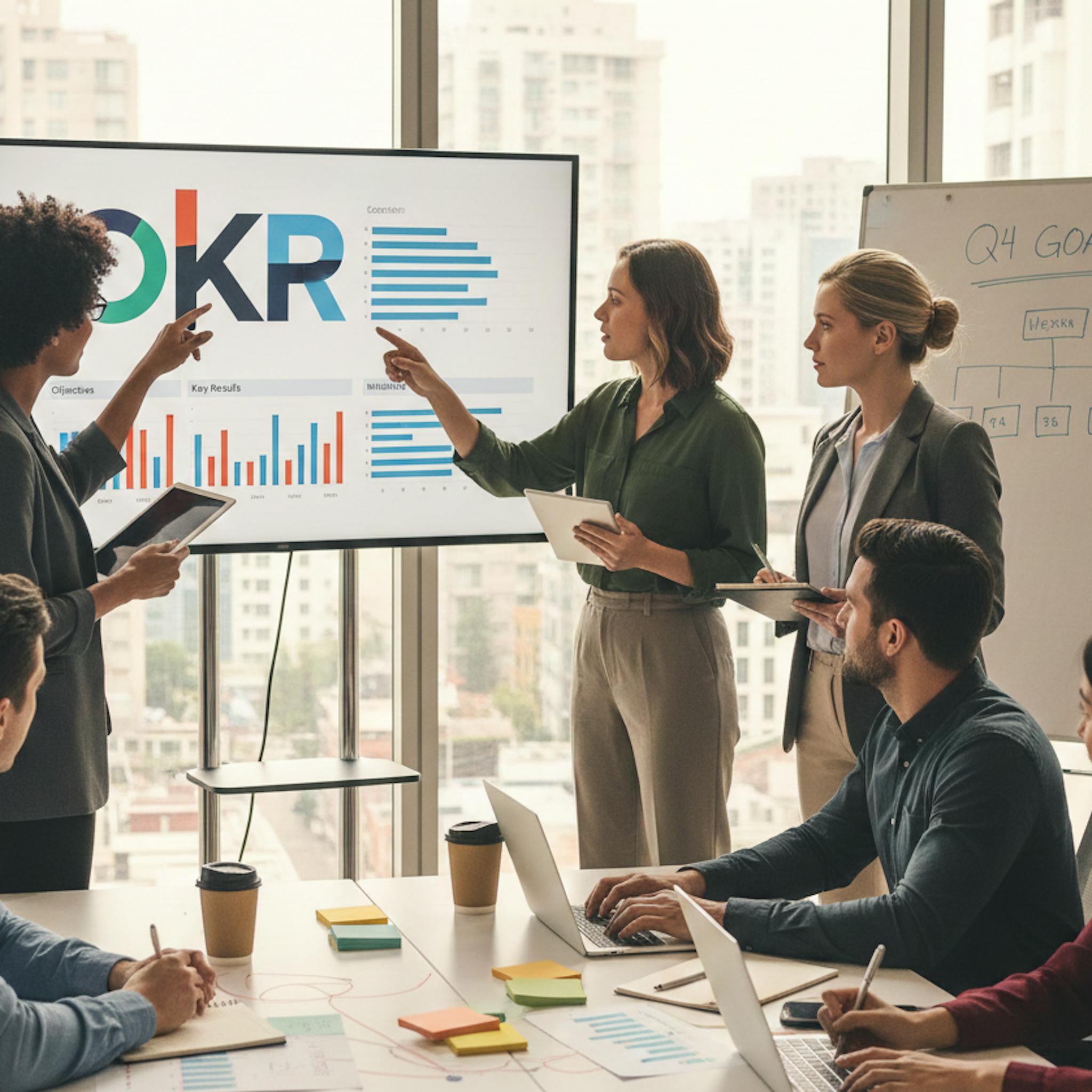 team sitting around a table working on OKR implementation