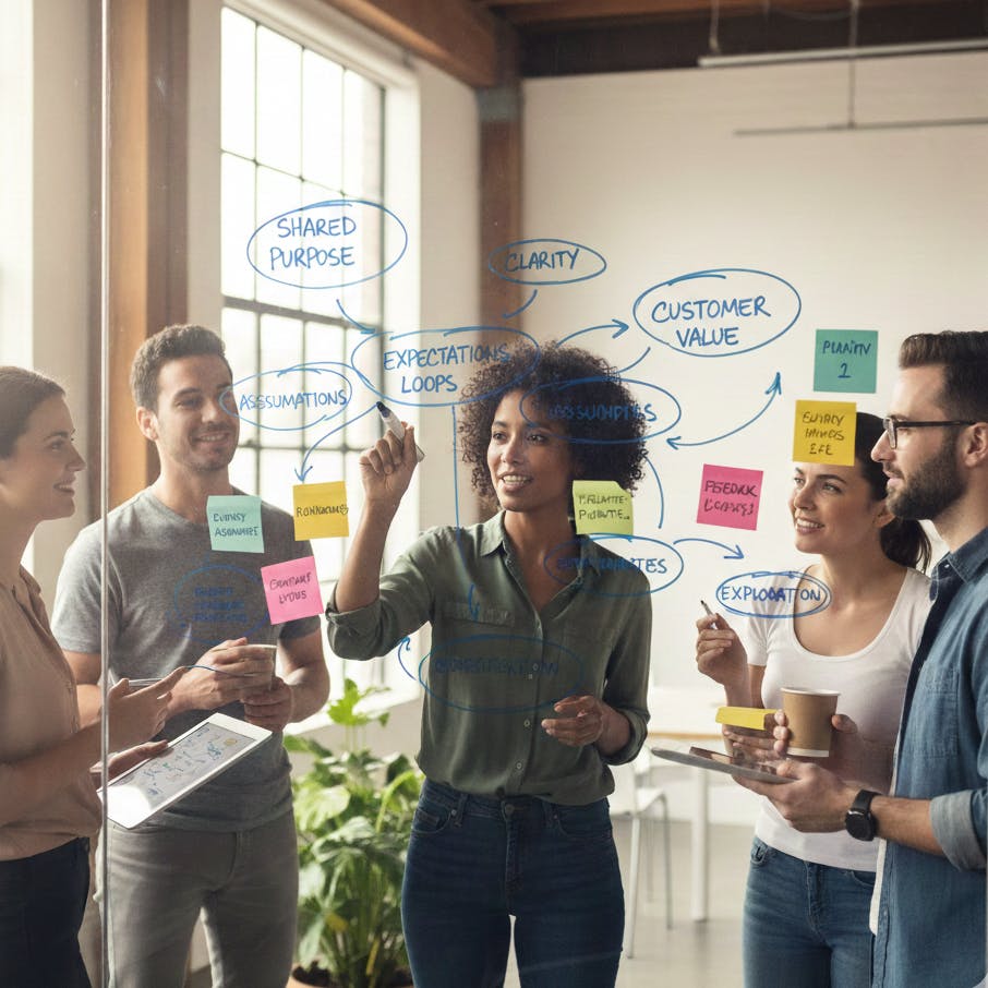 equipo escribiendo un mapa conceptal frente a un vidrio