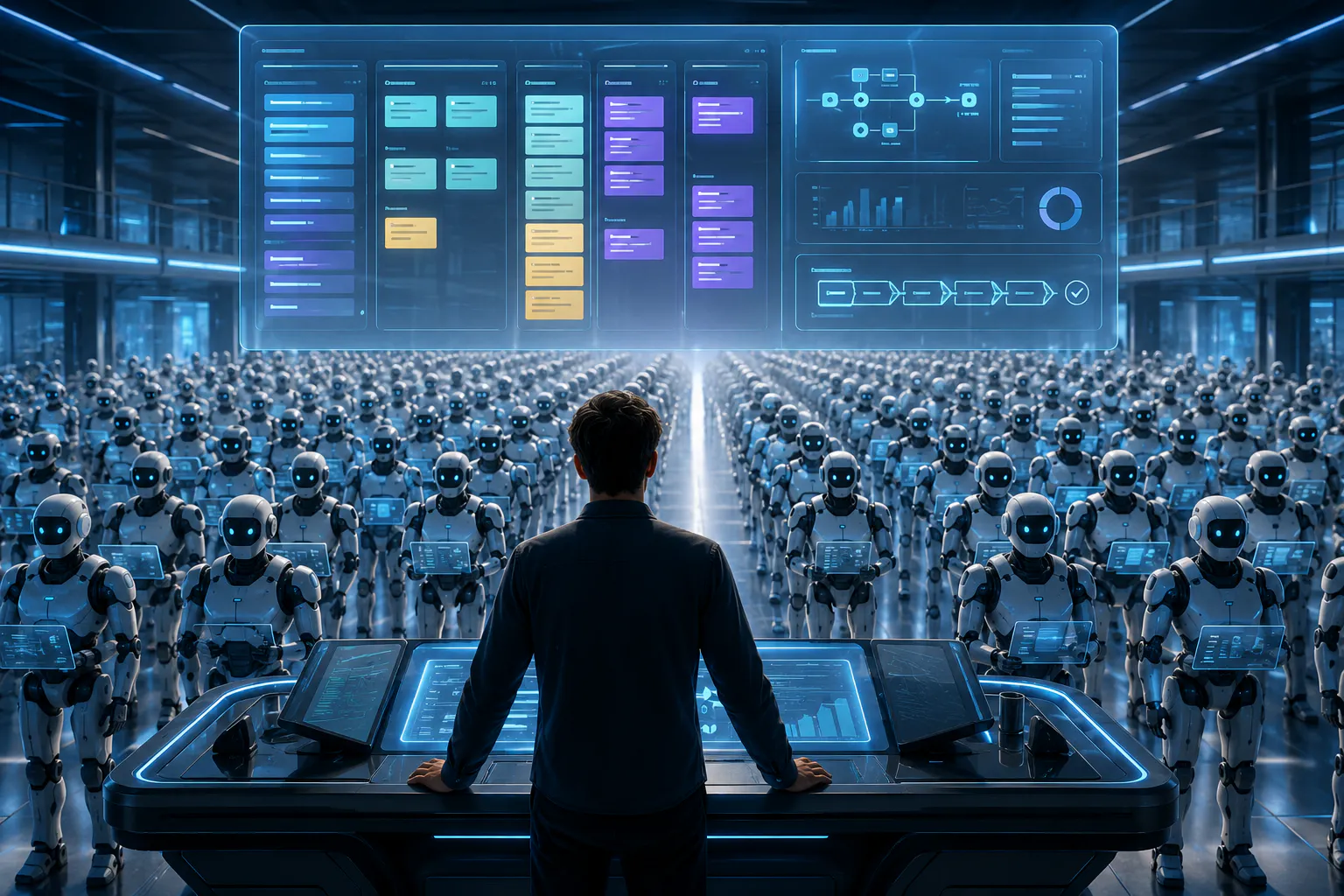 single Product Owner standing in a futuristic command center, facing hundreds of AI software engineering agents waiting for instructions