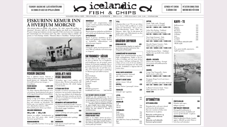 Graphic design. Menu made for Icelandic Fish & Chips, printed on thin newspaper print.