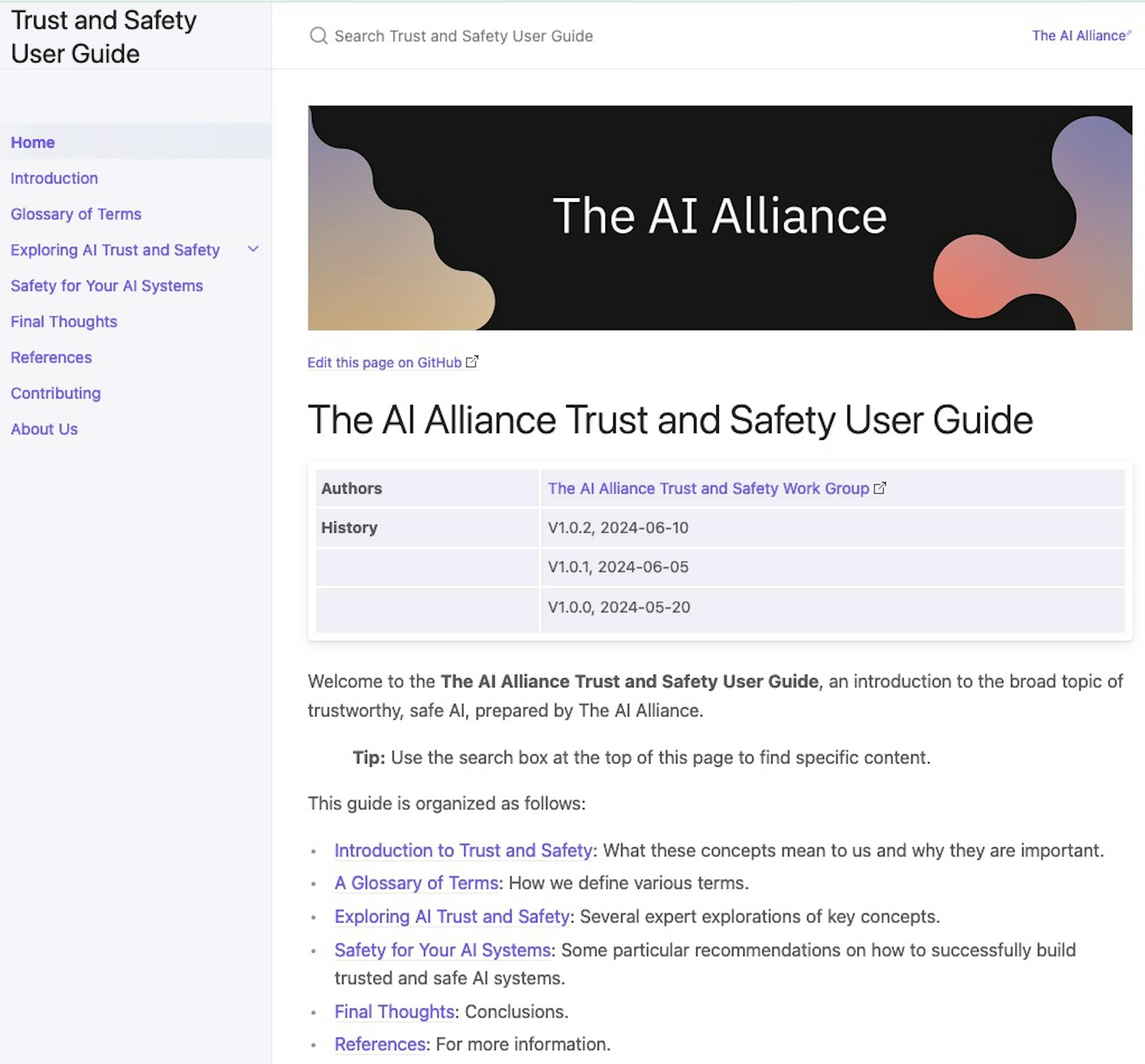 Screen shot of the User Guide website.