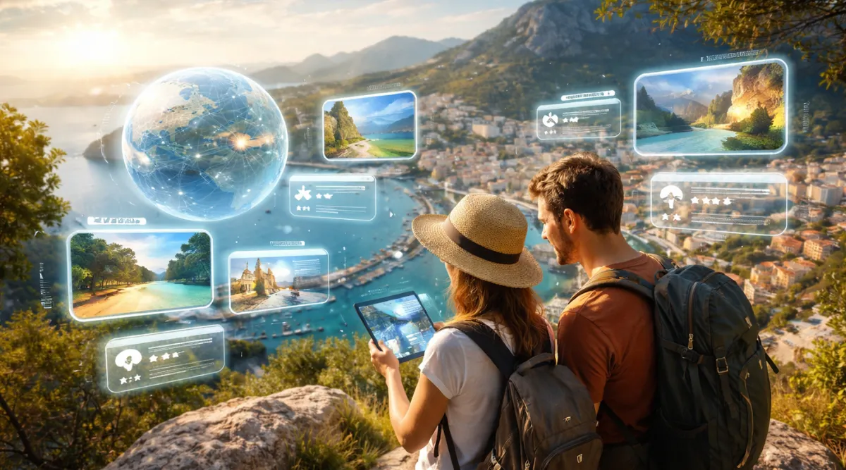 Futuristic -travel- planning- at- sunset