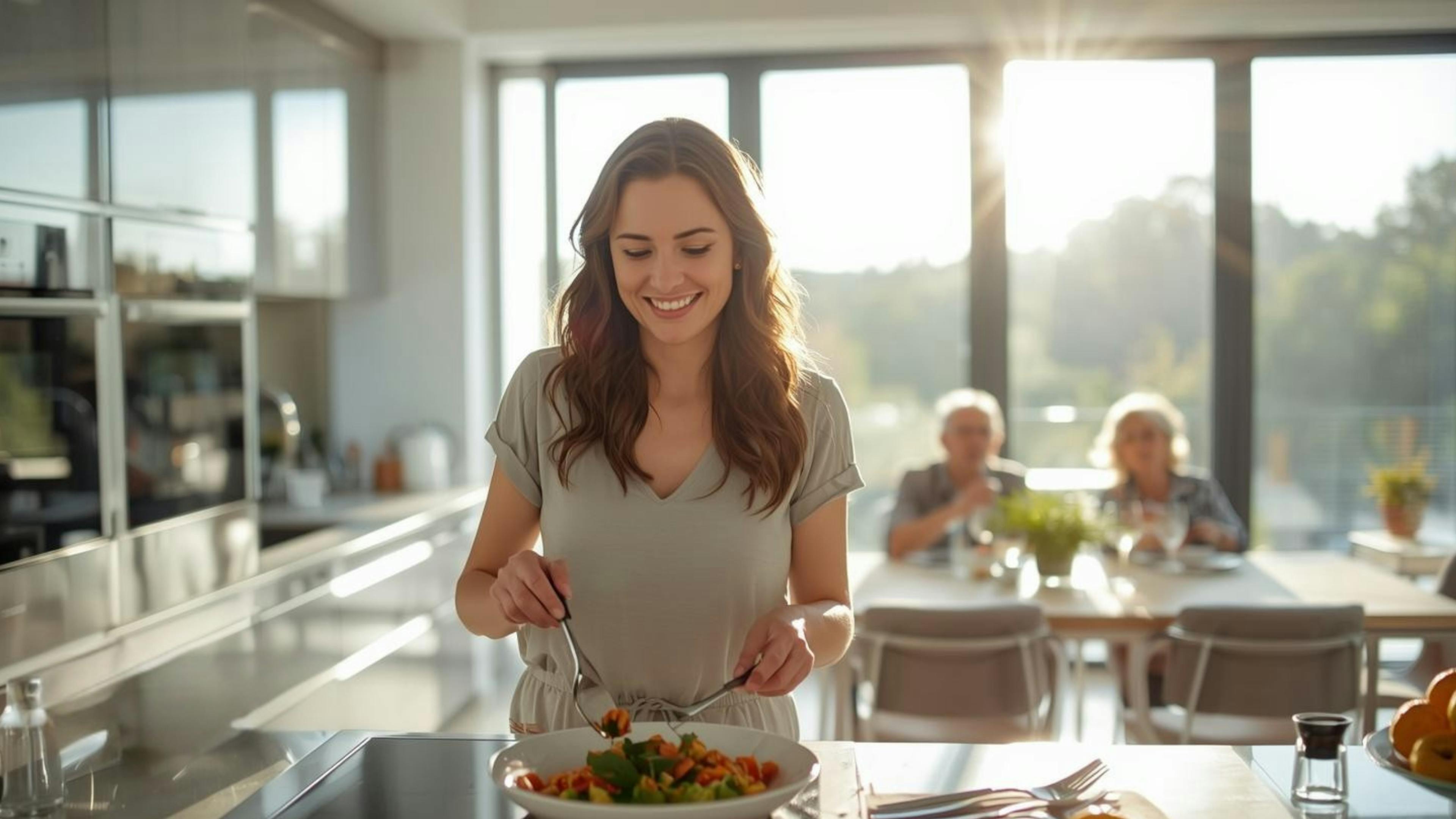 une aidante prépare un repas à un couple de personnes âgées dans leur maison