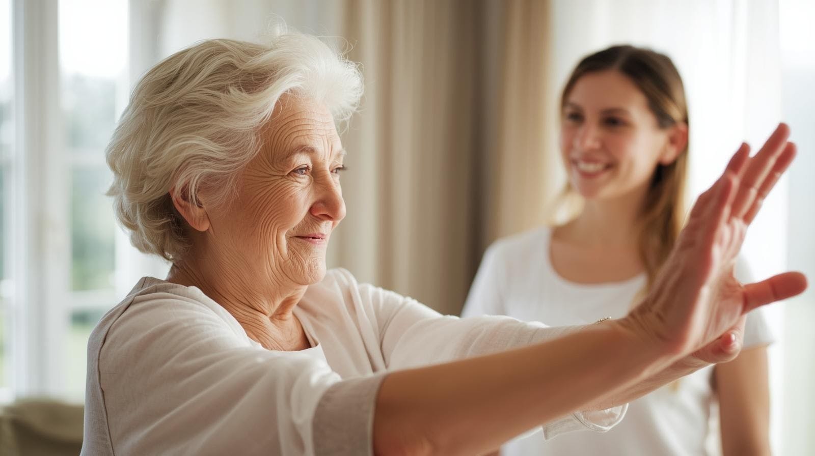 Aidante à domicile qui accompagne une personne âgée dans des exercices doux et sécuritaires pour préserver mobilité, autonomie et bien-être.