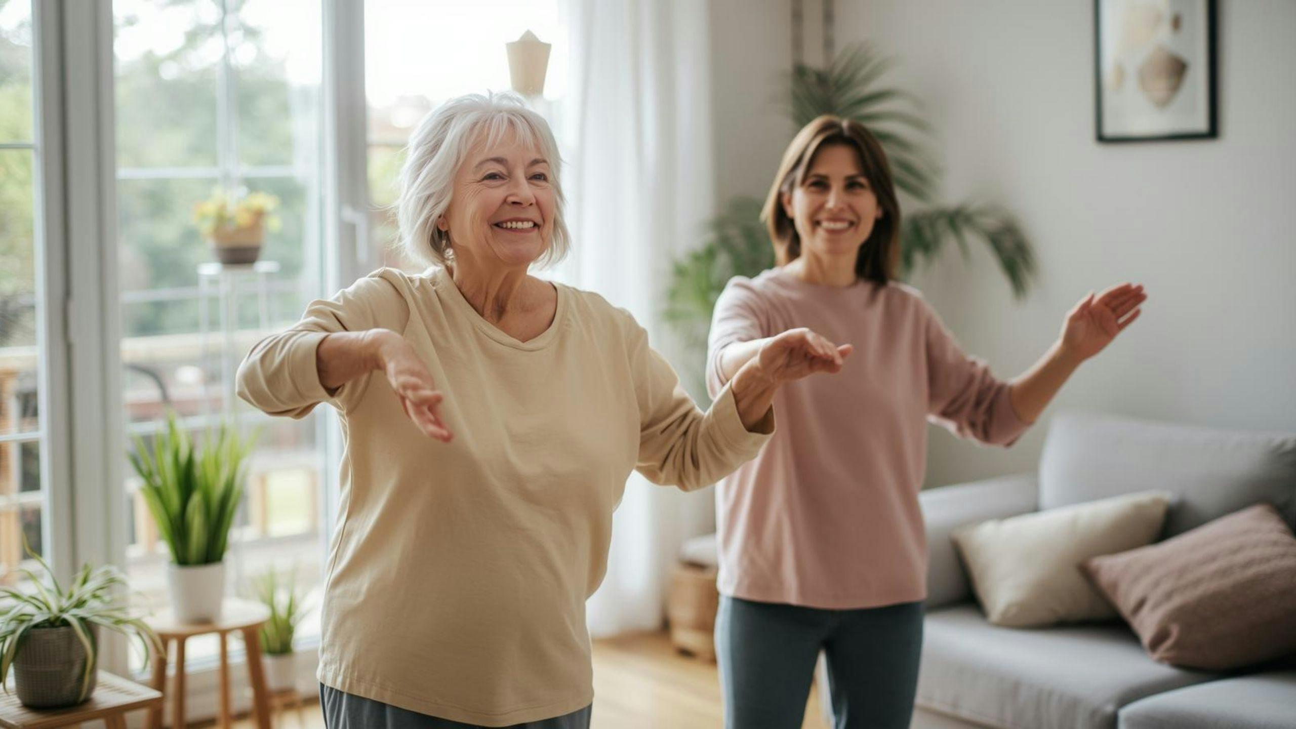 Accompagnement bienveillant à domicile : un aidant soutient une personne dans ses exercices de renforcement léger et sécuritaire.