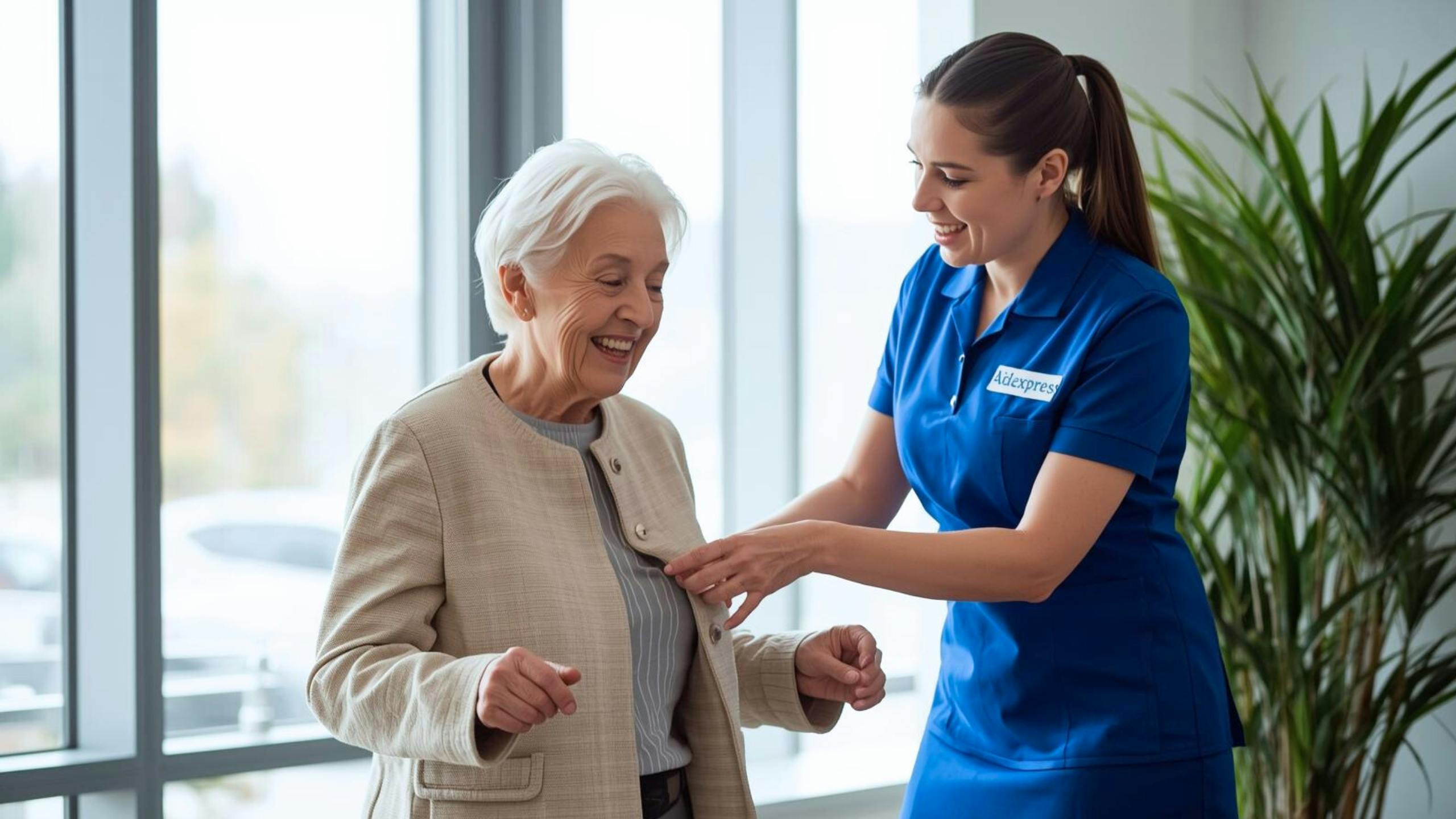 Préposé Aidexpress aidant une personne âgée à s’habiller en toute sécurité, avec respect et délicatesse.