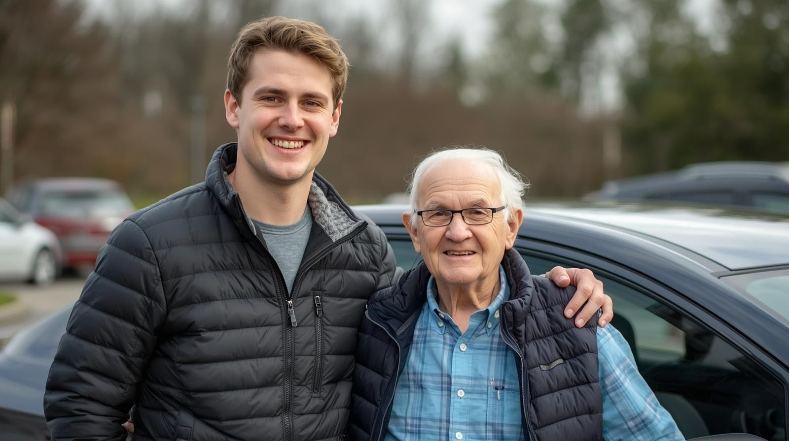 un accompagnateur qui reconduit en voiture une personne âgée pour son rendez-vous chez le médecin