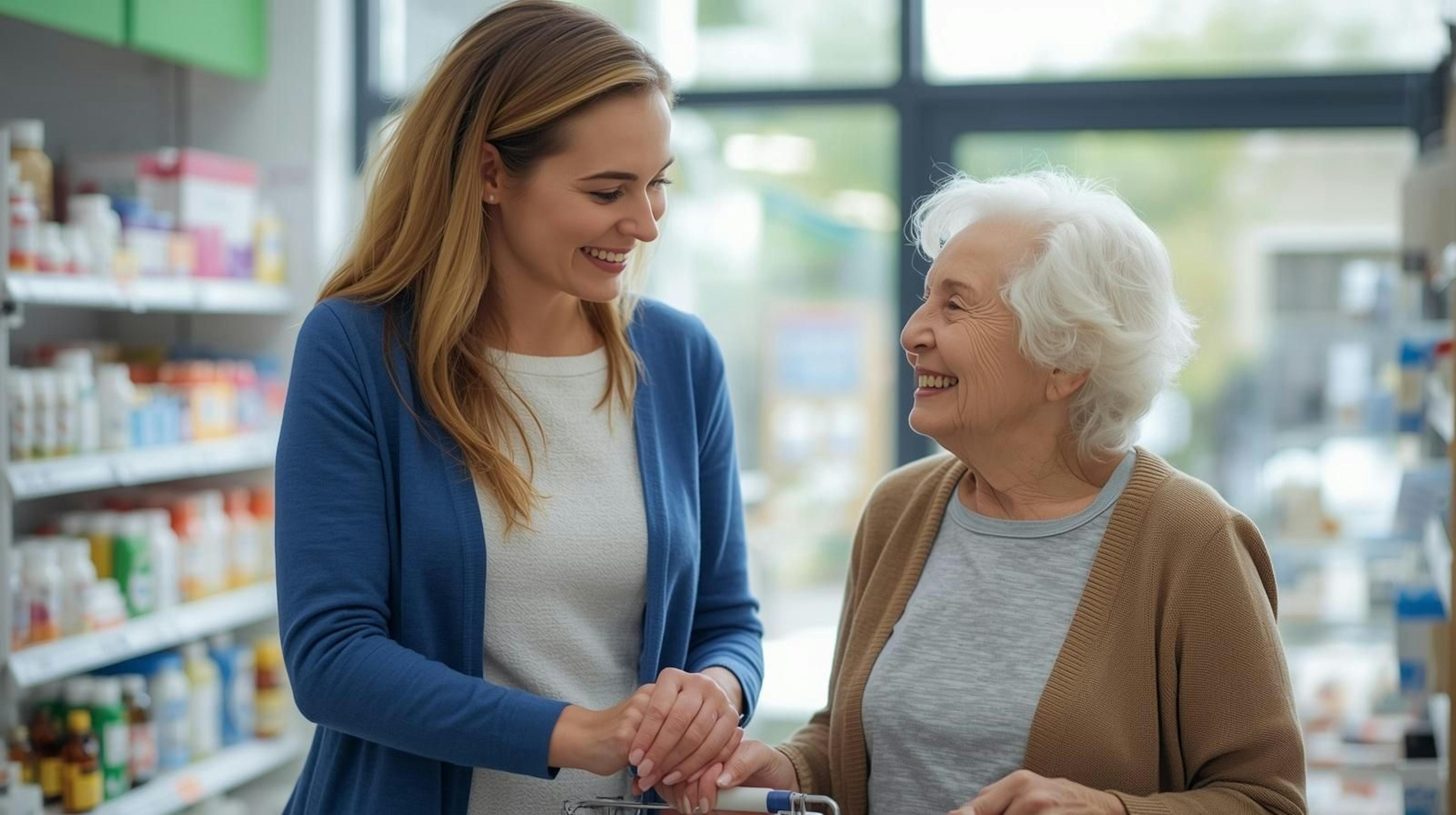 Une accompagnatrice d'Aidexpress qui aide une femme âgée à faire ses courses à la pharmacie
