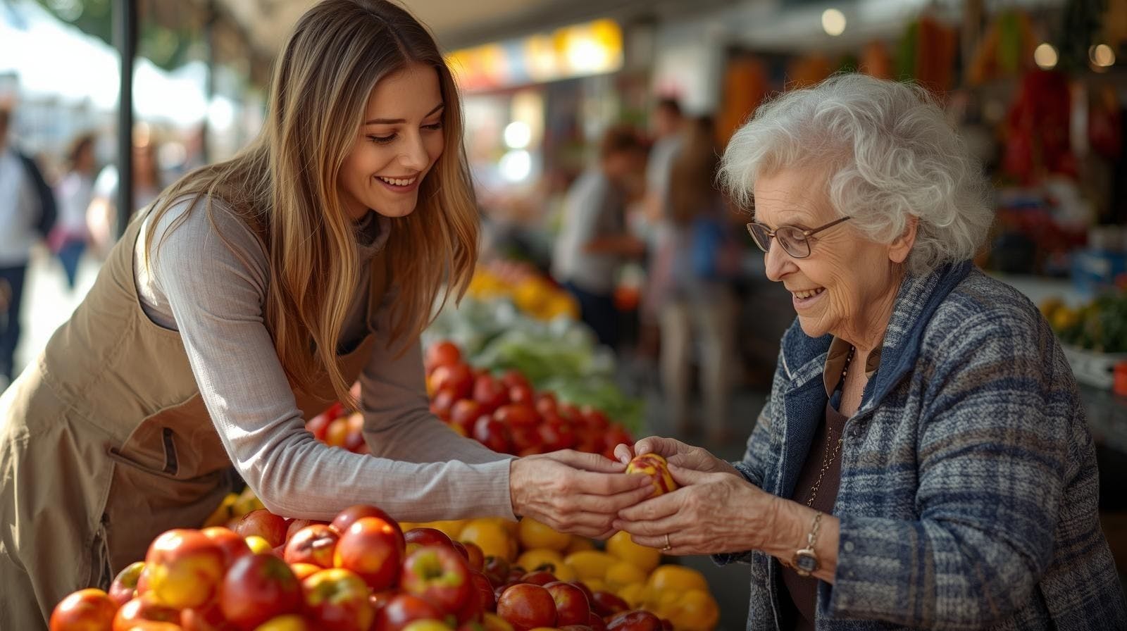 Aidante d'Aidexpress accompagnant une personne âgée à l’épicerie