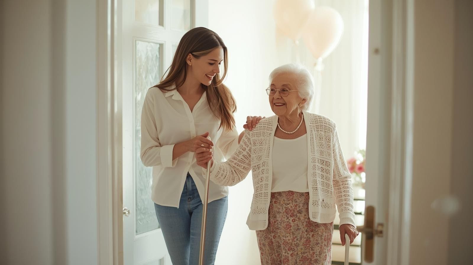 Une dame de compagnie Aidexpress qui acommpagne une personne âgée à une fête