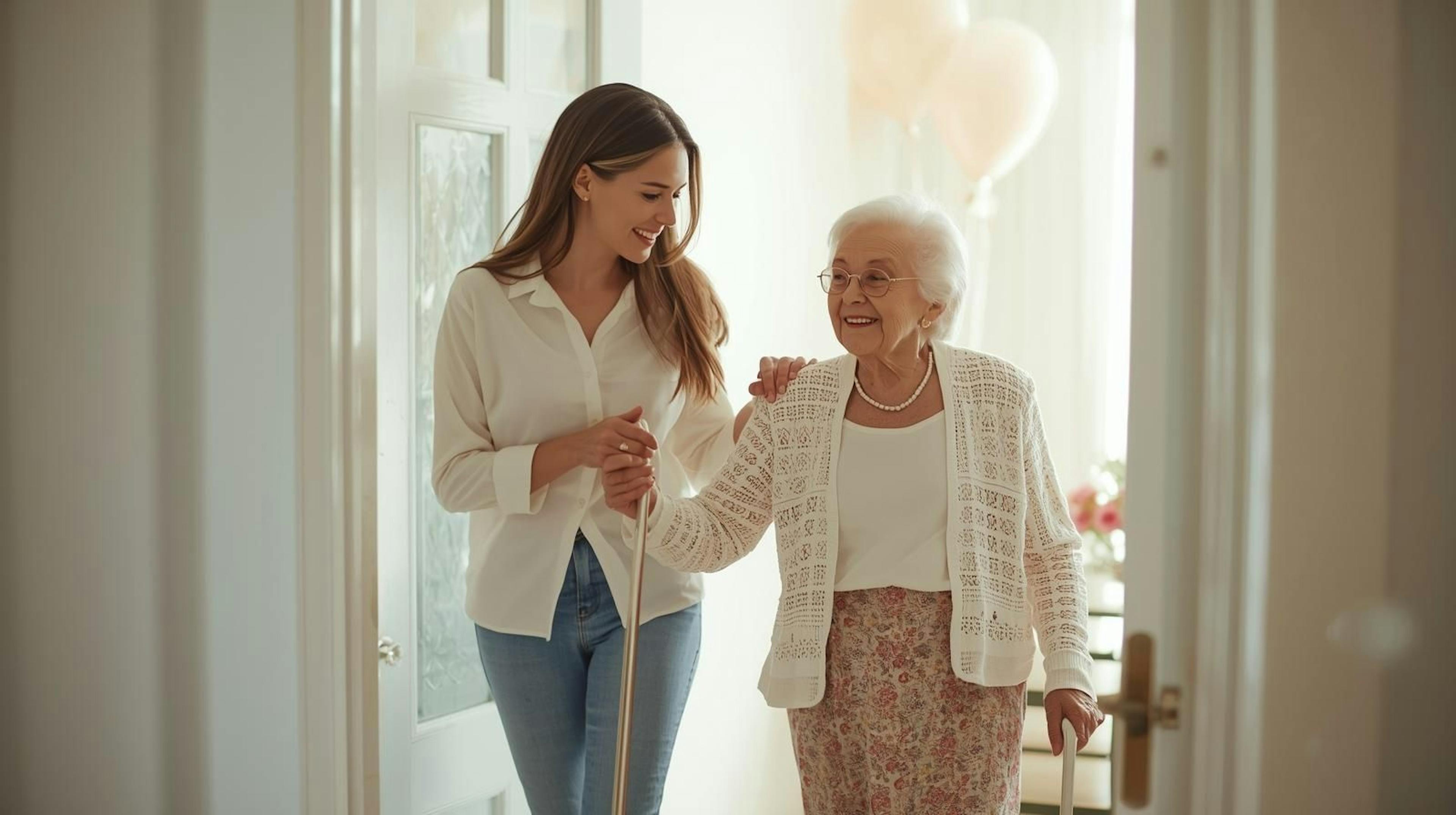 Une dame de compagnie Aidexpress qui acommpagne une personne âgée à une fête