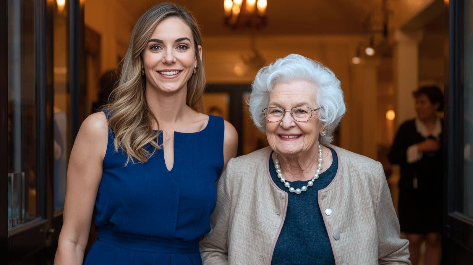 Une femme âgée qui fait une sortie culturelle accompagnée par une dame de compagnie d’Aidexpress