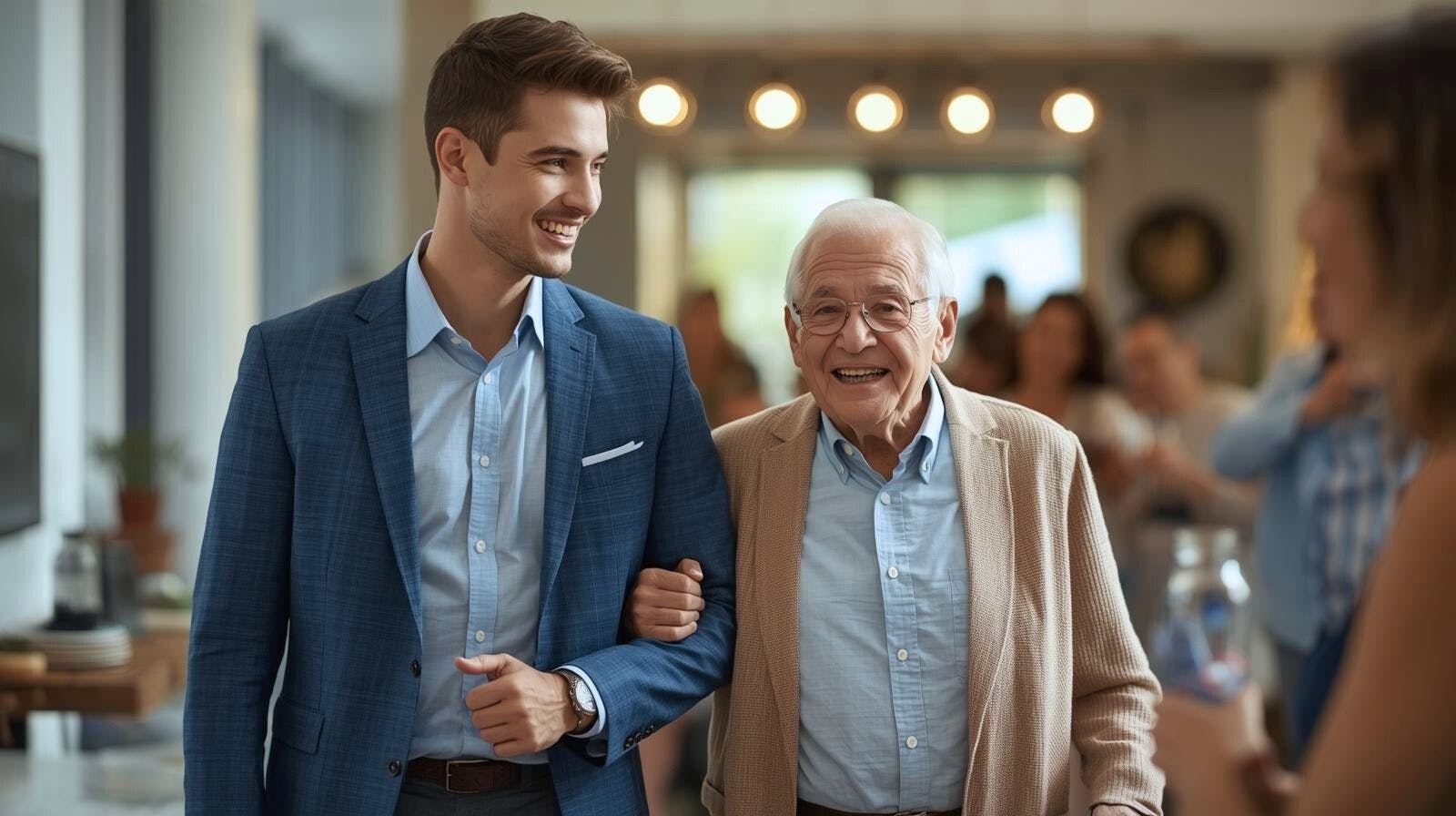 Aidant d’Aidexpress qui accompagne un homme âgé à un rassemblement de famille