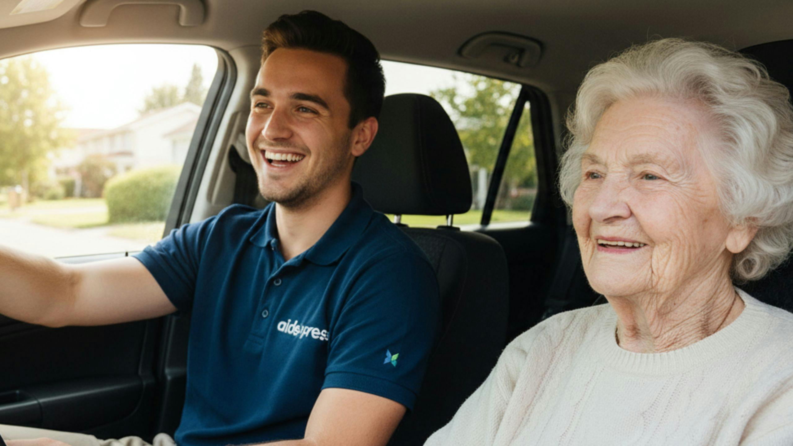 Un aidant Aidexpress qui conduit une voiture pour accompagner une personne âgée à son rendez-vous