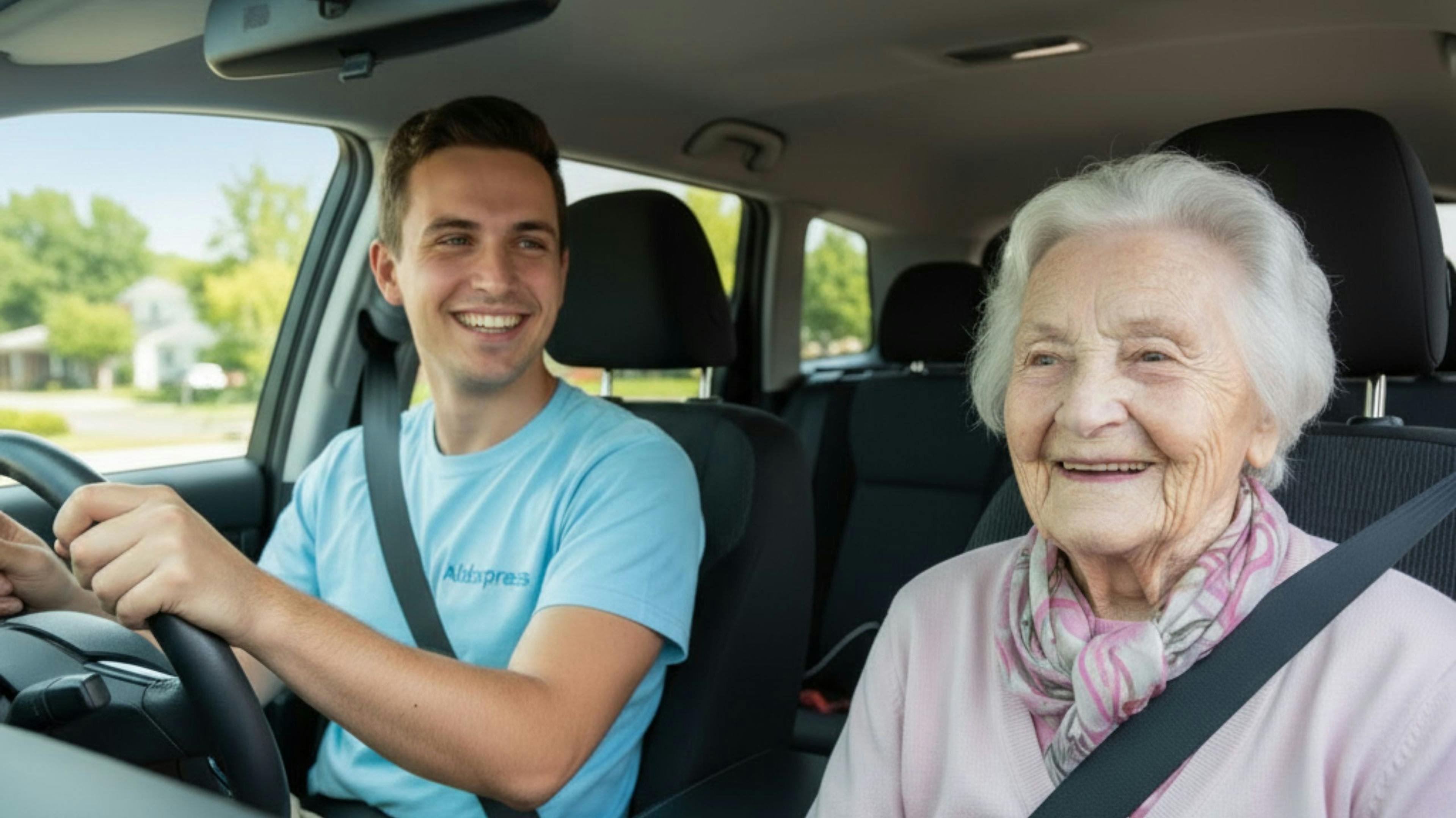 Un aidant d'Aidexpress qui conduit une voiture pour reconduire une personne âgée à son rendez-vous