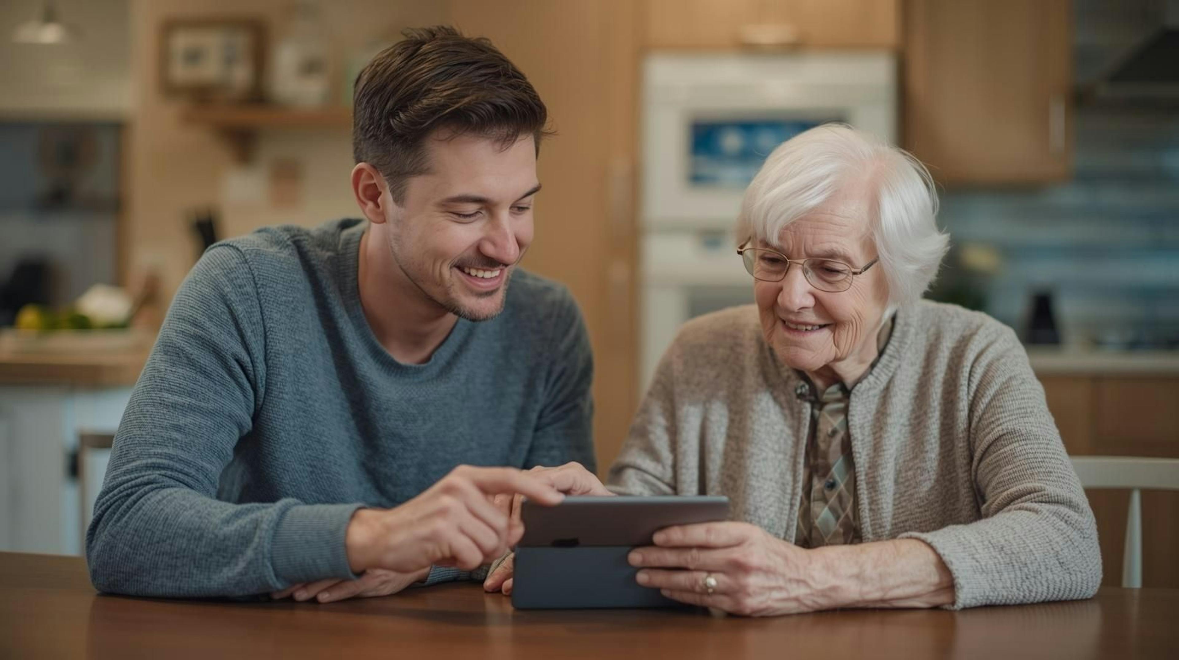 Aidante d’Aidexpress aidant une personne âgée à utiliser une tablette à domicile