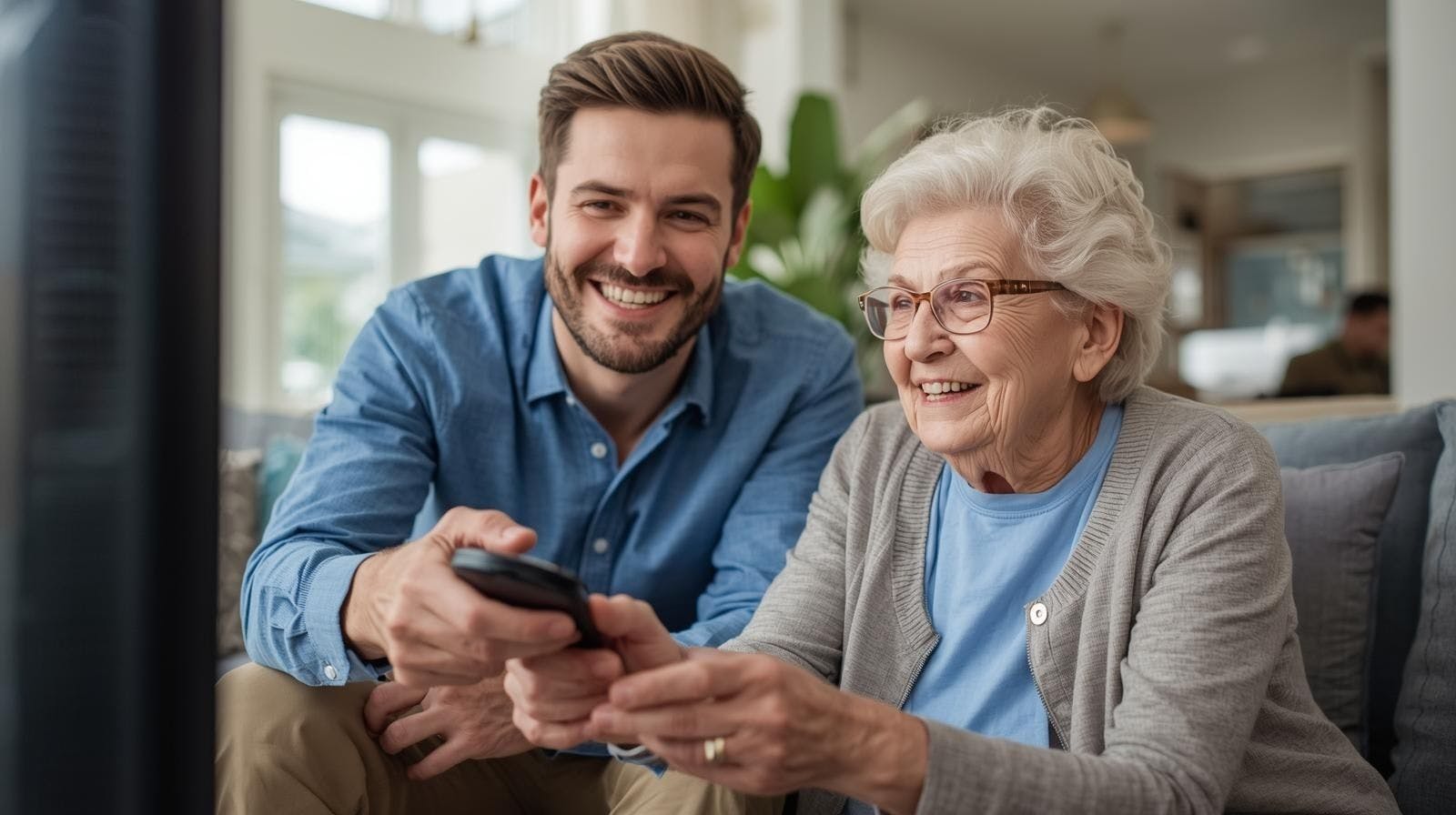 Aidant expliquant à une personne âgée comment utiliser la télécommande de sa télévision