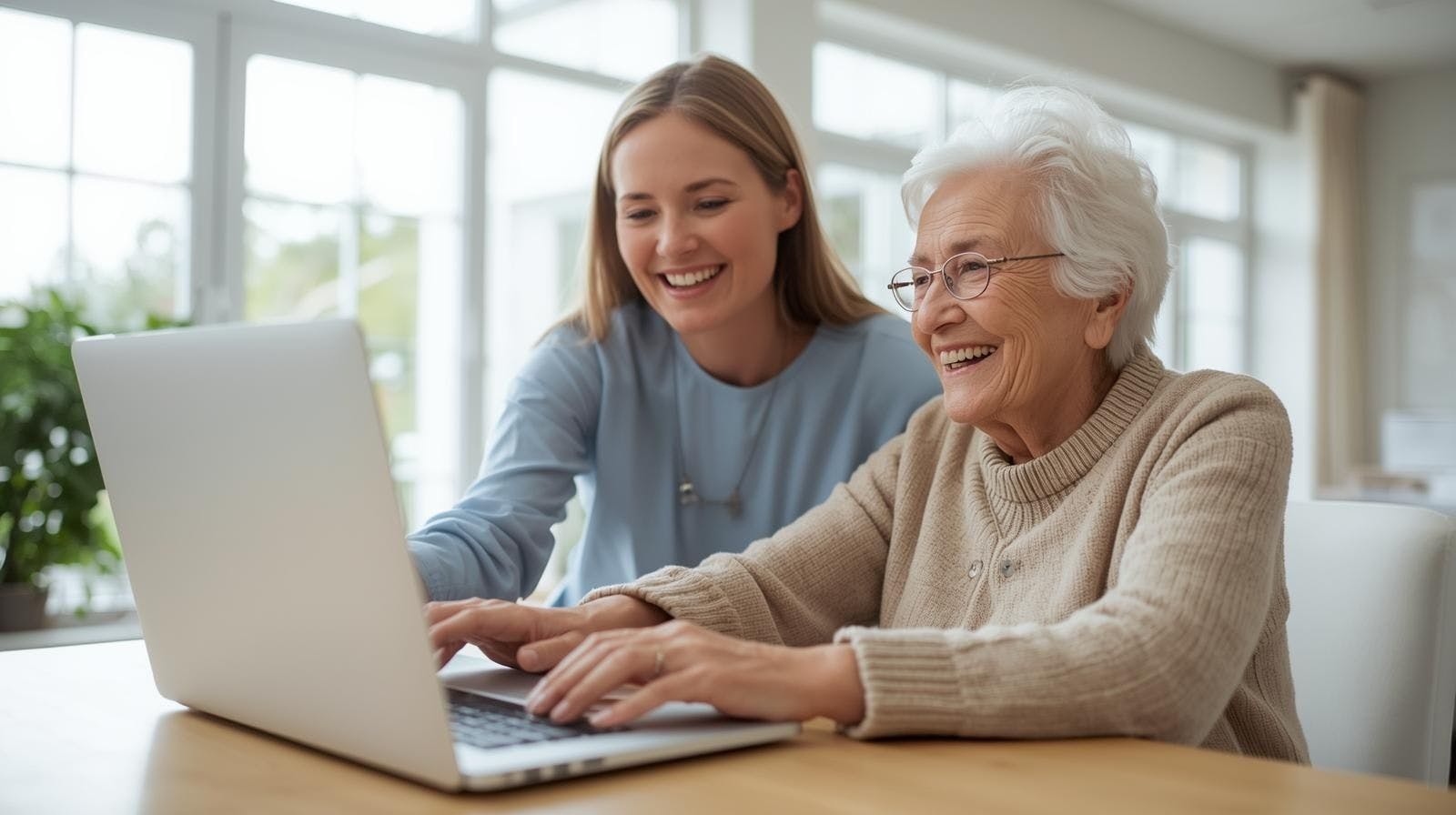 Personne âgée souriante devant son ordinateur portable avec une aidante d'Aidexpress