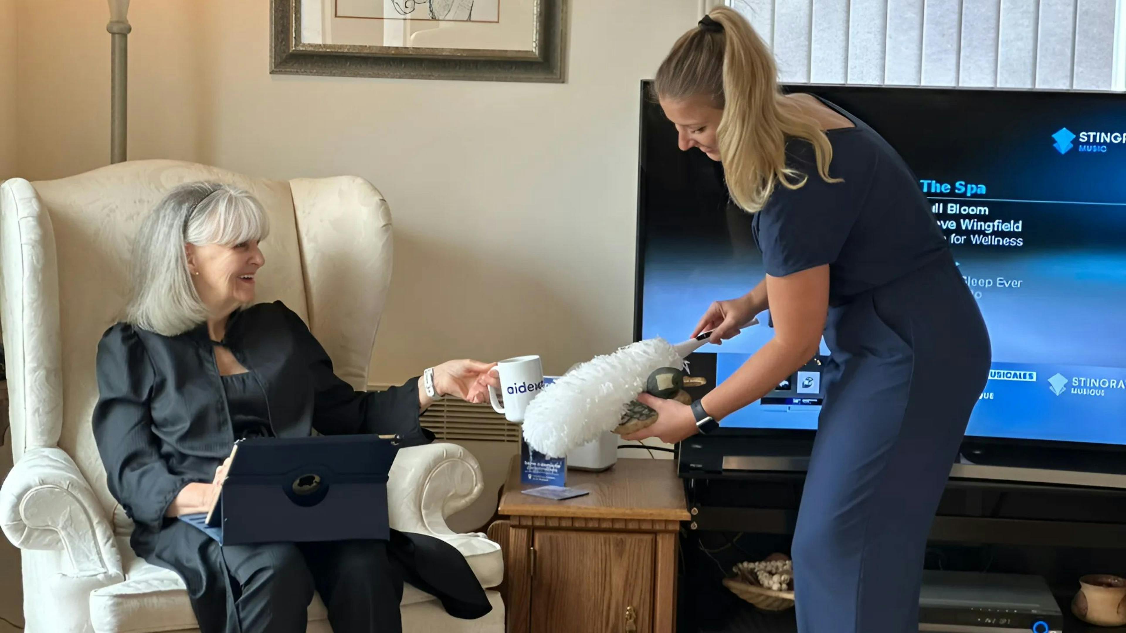 Femme époussetant le salon, illustrant un emploi en entretien ménager chez Aidexpress.