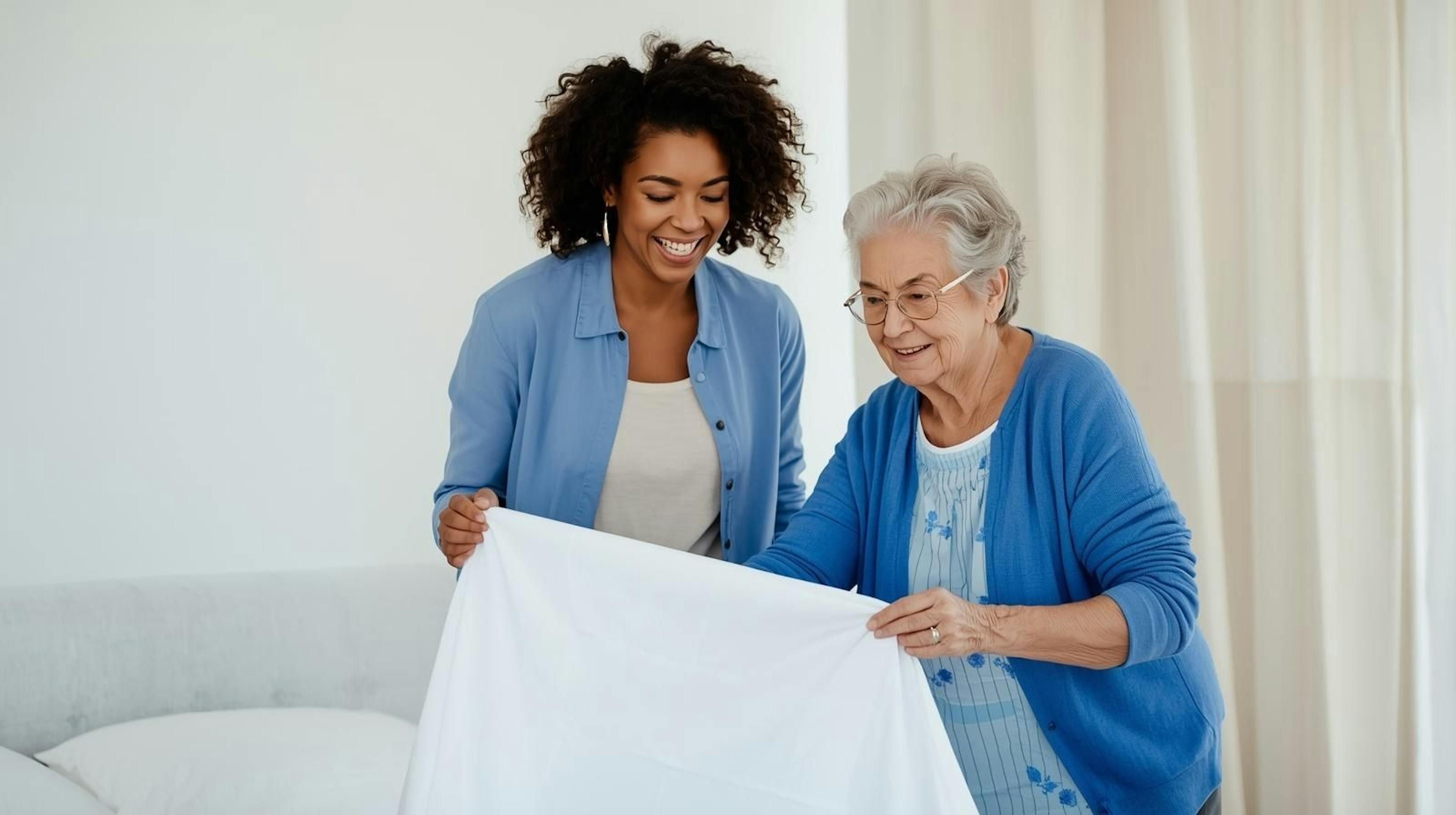 Personne âgée souriante devant son lit refait par un aidant à domicile