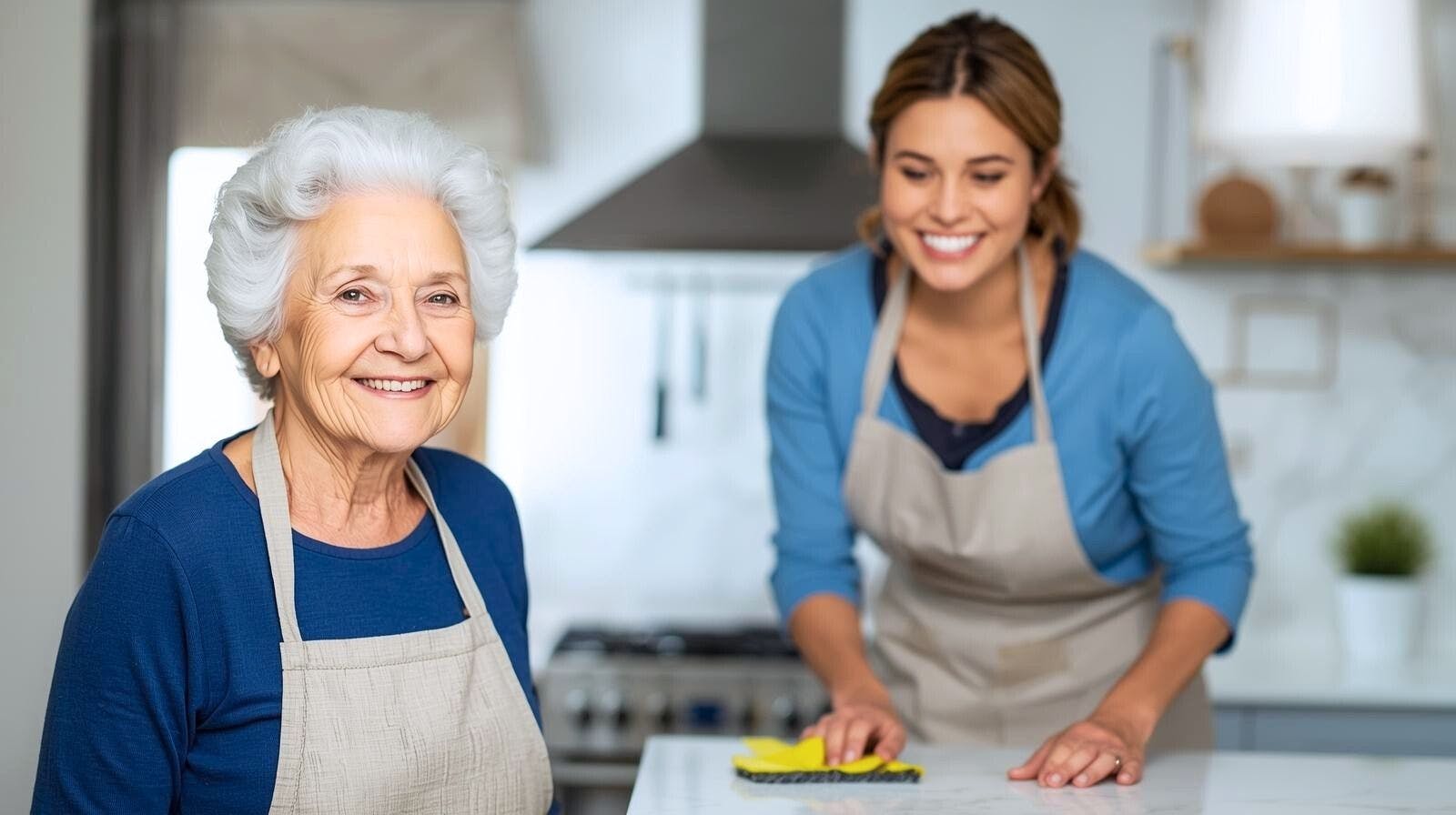 Aidante d’Aidexpress lavant le comptoir de la cuisine d'une personne âgée parce qu'on est bien chez soi